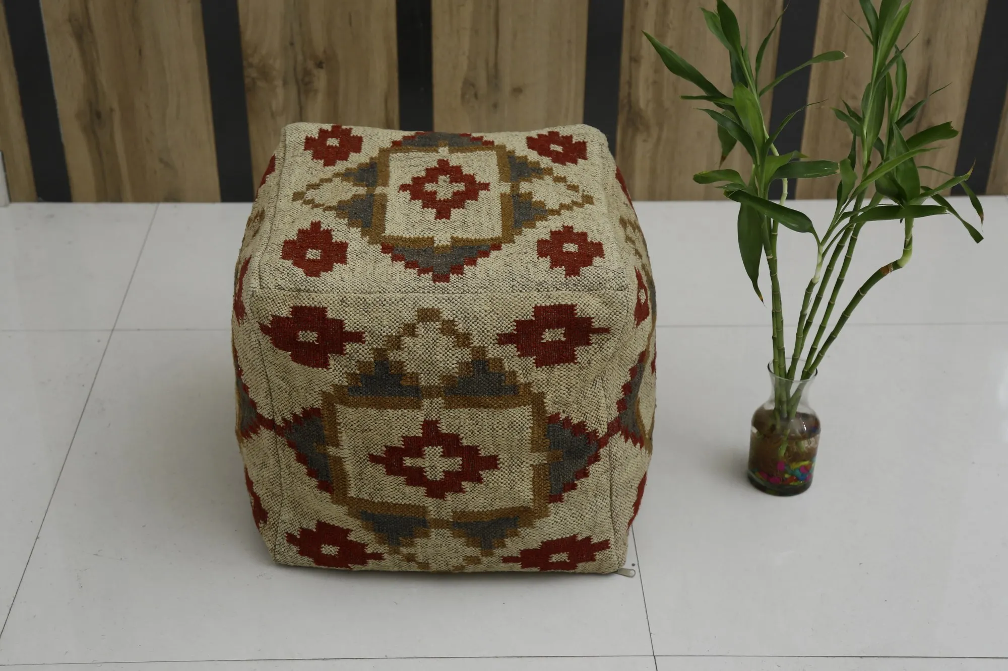Kilim Ottoman Pouf Cover Handwoven Sitting Puff Case Jute Wool Footstool Cover Handmade Kelim Pouffe Cover
