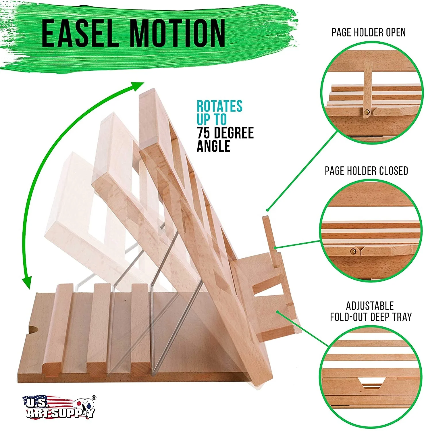 Large Wooden Table Easel, Cookbook Stand, Text Book Tablet Rest, Premium Beechwood - Adjustable Incline, 2 Flip-Up Page Holders