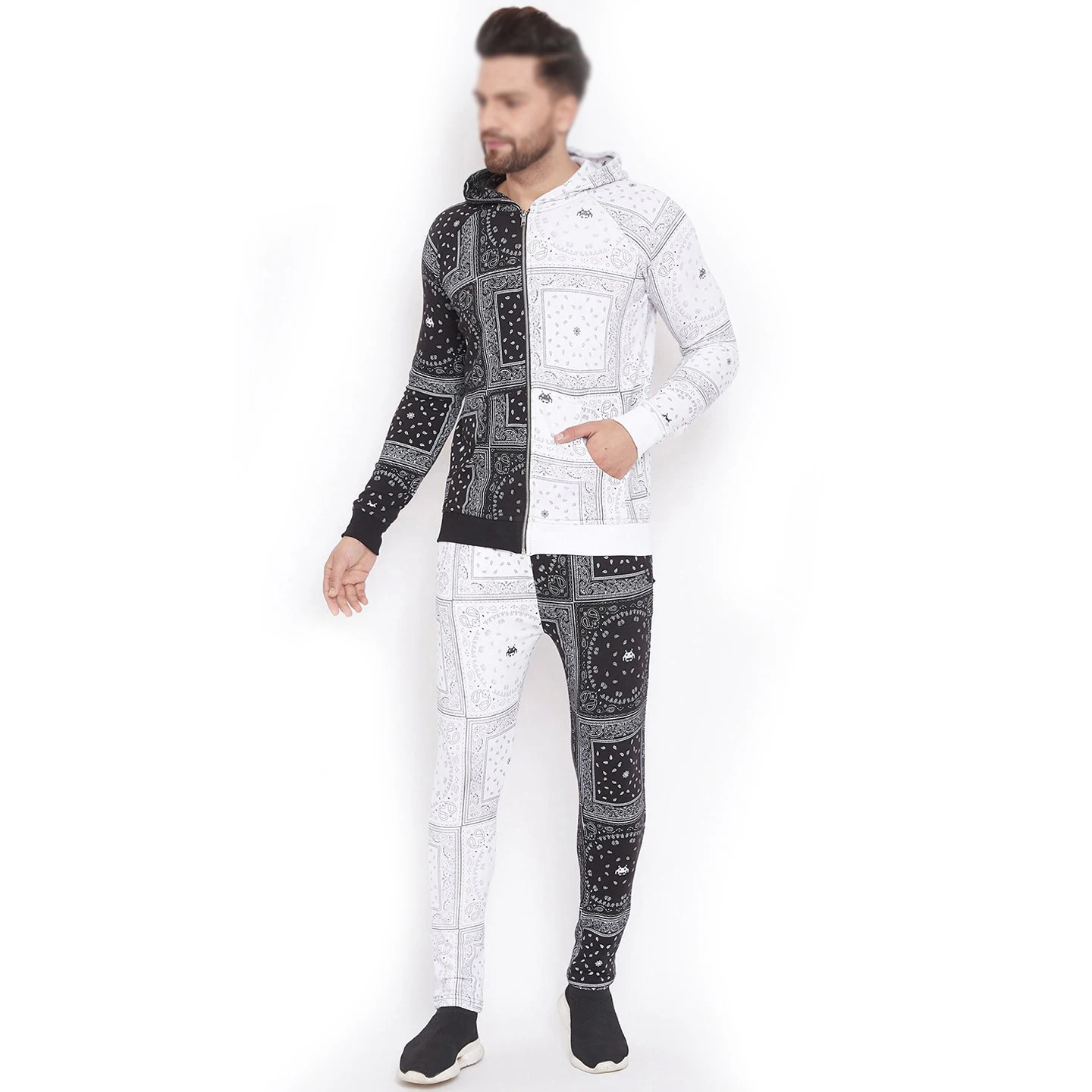 Professional High Quality Men Tracksuit Men White & Black Ethnic Motifs Printed Slim-Fit Tracksuit By XAPATA SPORTS