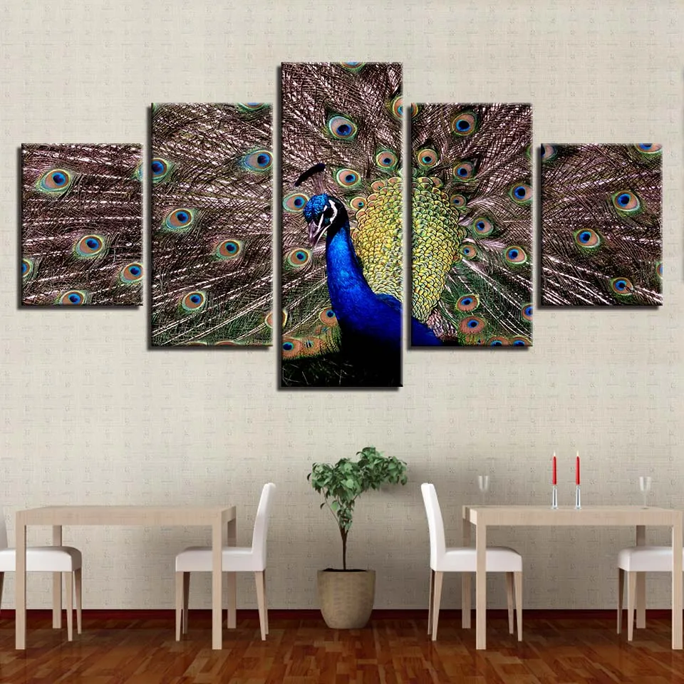 5 panels peacock tail canvas painting for home decoration