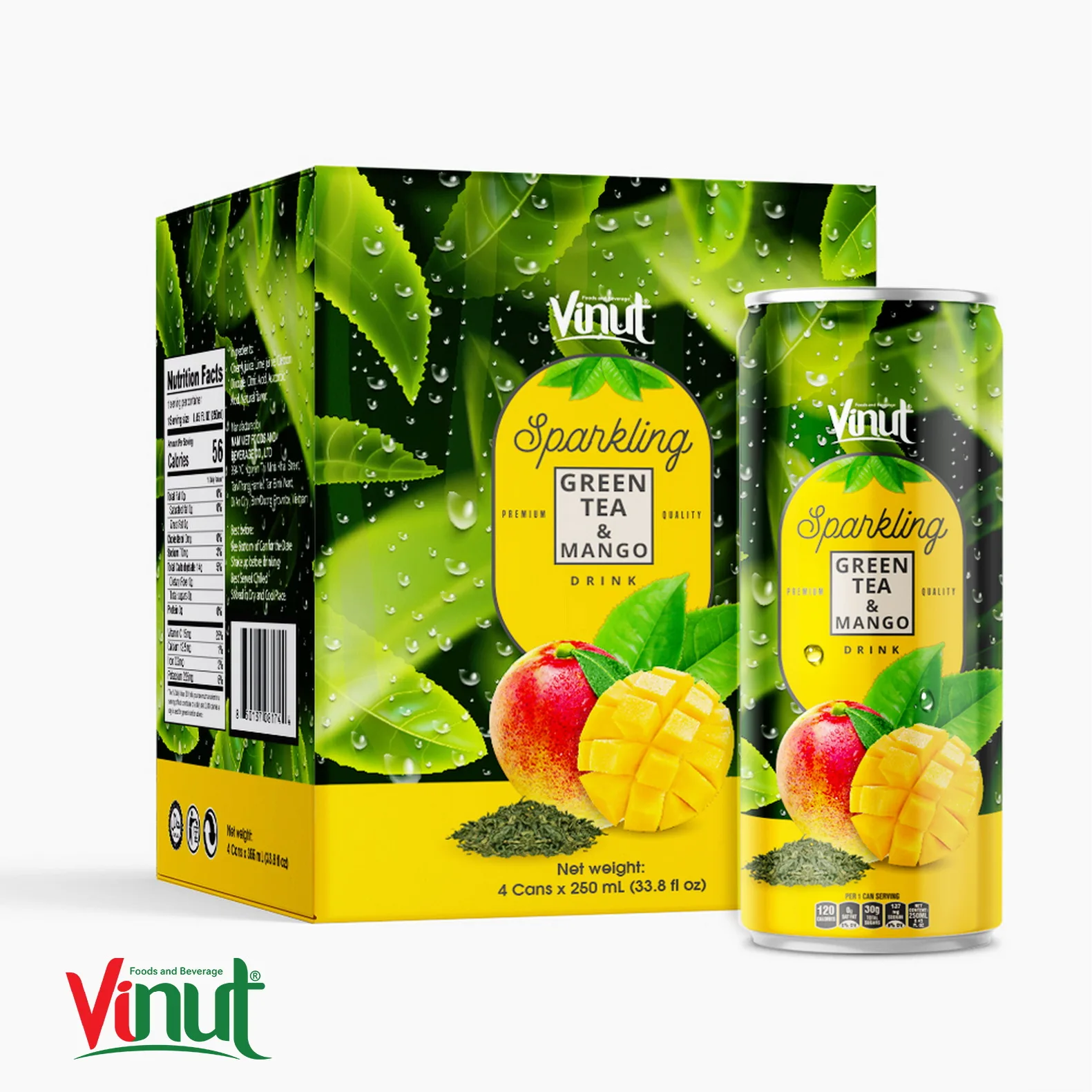 250ml Carbonated drinks VINUT Box 4 Cans Green tea & Mango Manufacturing Healthy Premium OEM Beverage Free Sample