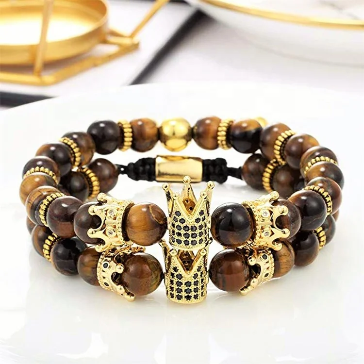 Crown Bead Leather Bracelet with Silver Luxury Charm Adjustable for Men Women King Queen Style Comes Elasticity Bag Packaging