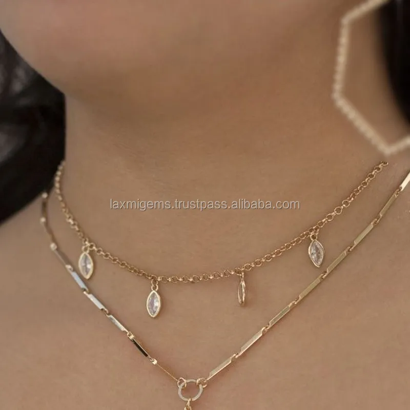 Wholesale 925 Sterling Silver Chain Necklace with Faceted Gemstone Ethnic Style Rhodium Plated for Wedding Gift or Engagement