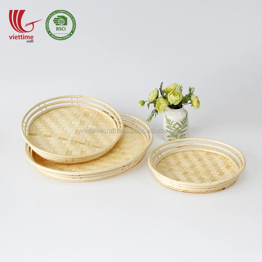 Handmade Round Bamboo Tray 3 Sizes For your references contain Cake/Fruit Made in Vietnam