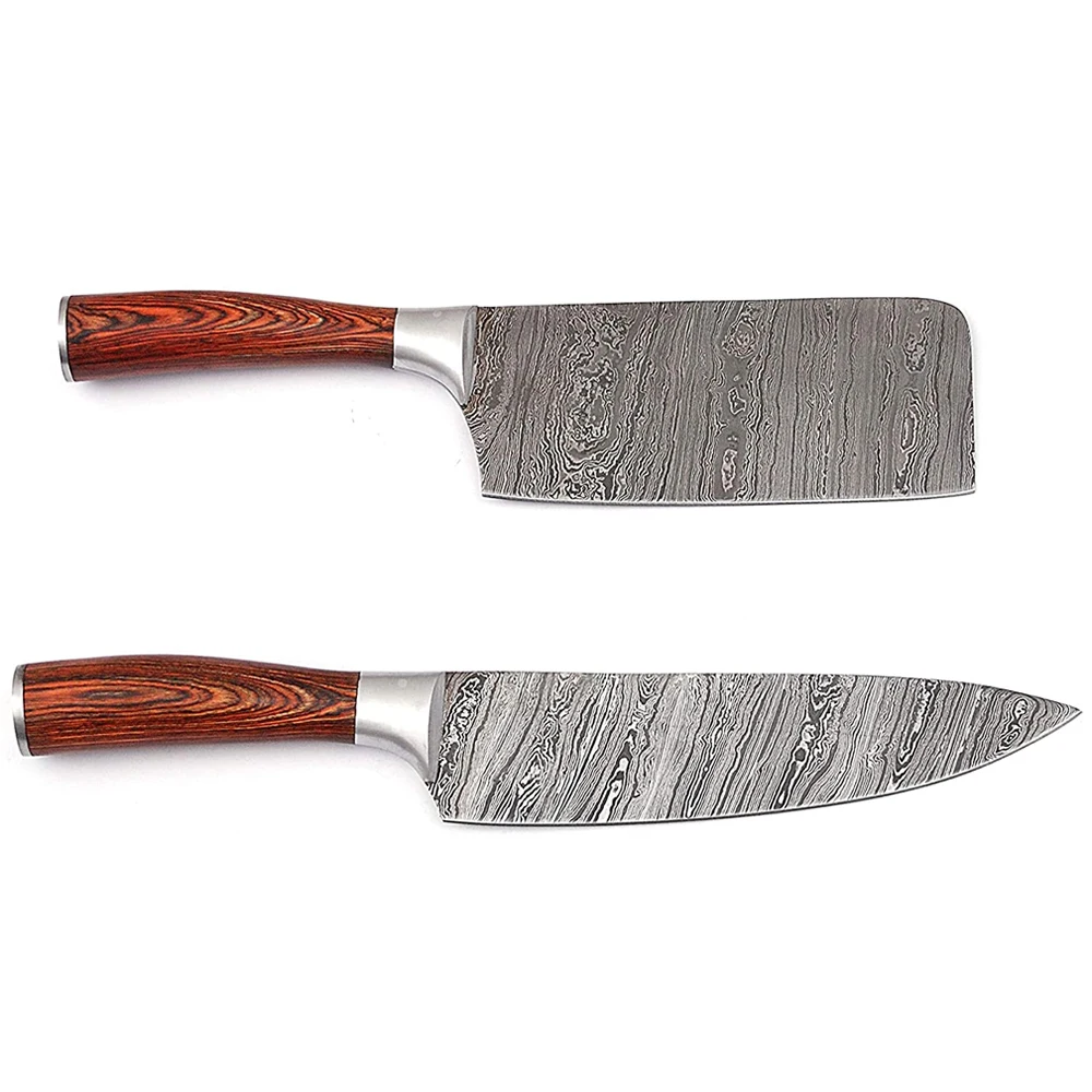 High Quality Custom Made Professional 9 Pieces Sharp Edge Damascus Steel Chef Kitchen Knife Set Perfect Hand Grip Smooth Cutting
