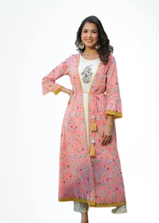 Women Jacket Style Kurta Pant Set Rayon printed Flared sleeves top Calf length Bottom Type Trouser floral layered