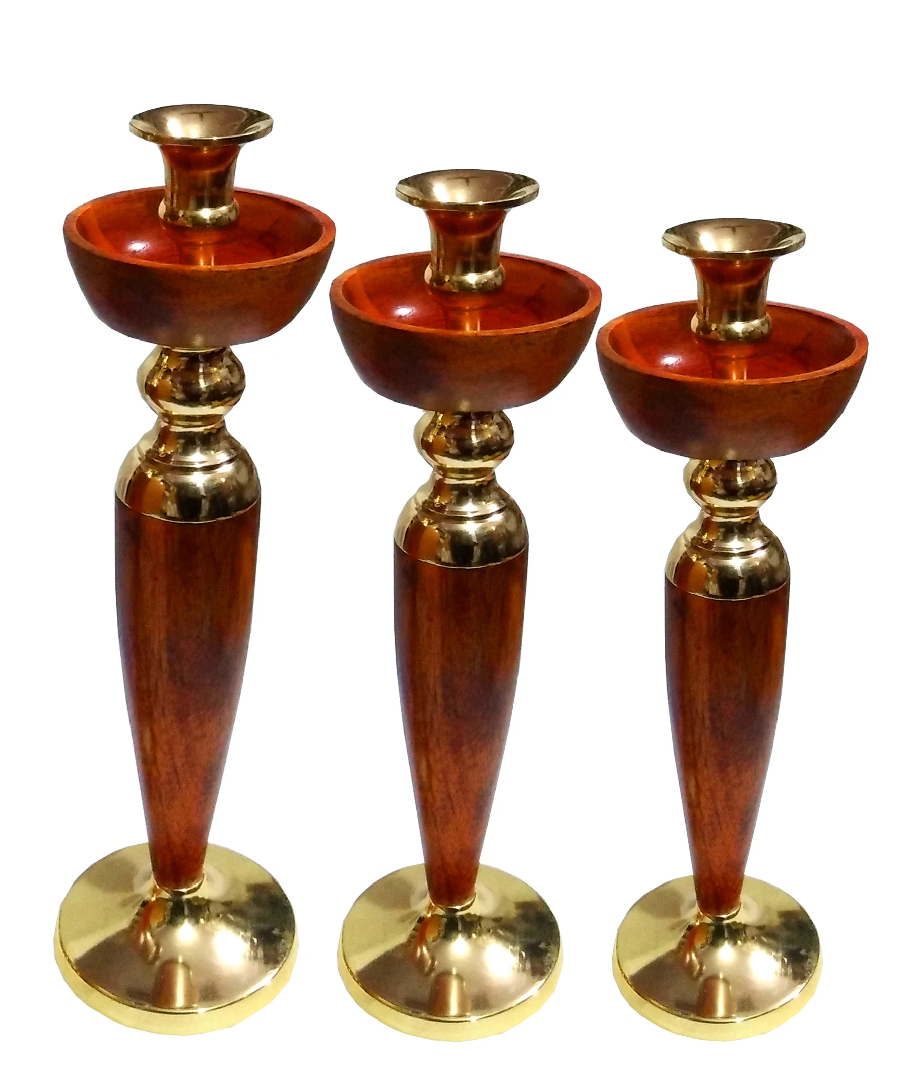 
set of three candle holder in aluminium and wooden material for decoration and lightning. 