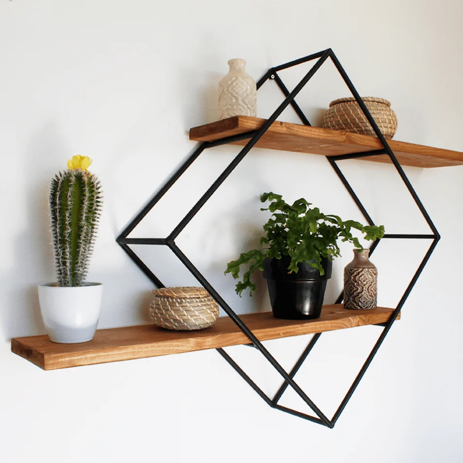 Classic Design Black Diamond Wall Shelf Wooden Shelves 2 Tiers Metal Wire Living Room Storage Home Decor Wholesale Price India