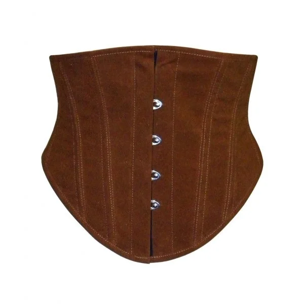 Women Casual Wear Steel Boned Brown Cotton Waist Reducing Corset Bustier Top With Front Busk Closure