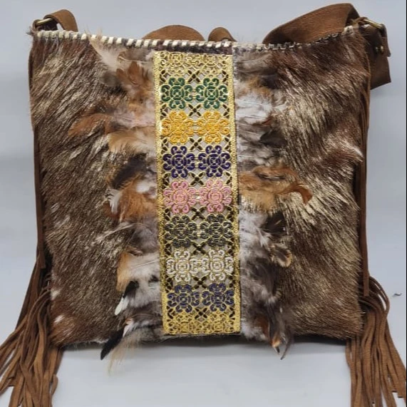 Banjara Traditional Brown Embroidery Beading Clutch Bag Women PC Sling Cross Shape Zipper Closure Cotton Indian Fashion Leather