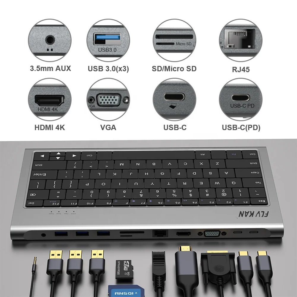 Universal USB-C Keyboard Style Docking Station (100w PD, 4K*2K HD, USB3.0 Hub x 3, Gigabit LAN)-Fly Kan UC3300
