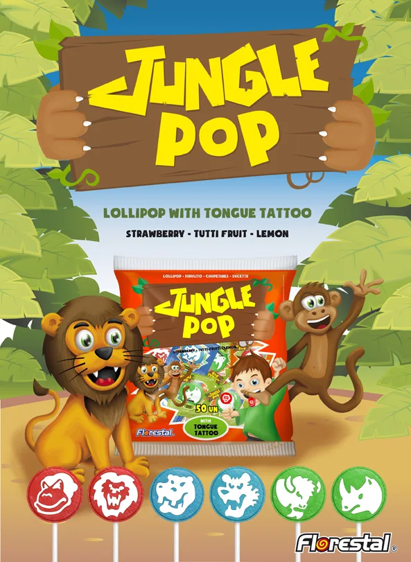 80350 - Jungle Tutti-Frutti, Strawberry, Lemon Tongue Tattoo Pops 12g 24x50un