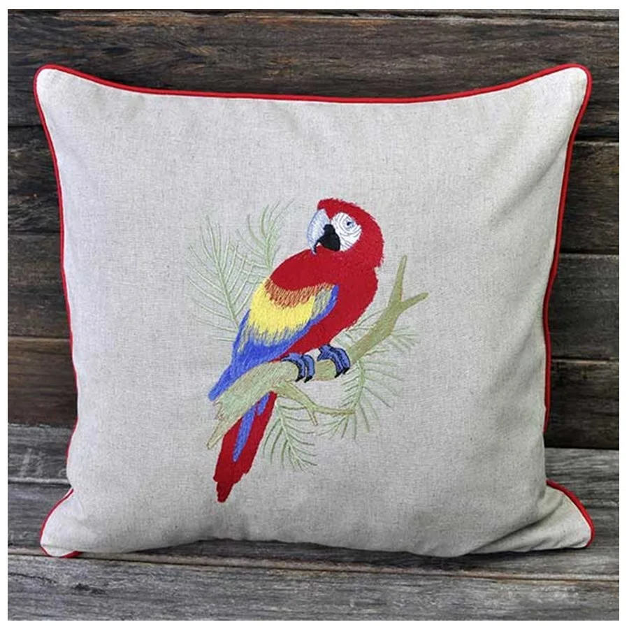 Embroideried Parrot Cushion 100%Linen High Quality Cushion Quang Thanh Embroidery