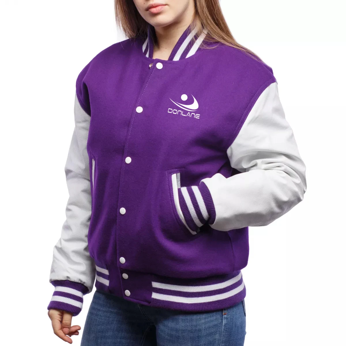 Custom Embroider Patched Logo Letterman Varsity Women Baseball Jackets With Leather Sleeves Varsity Jackets
