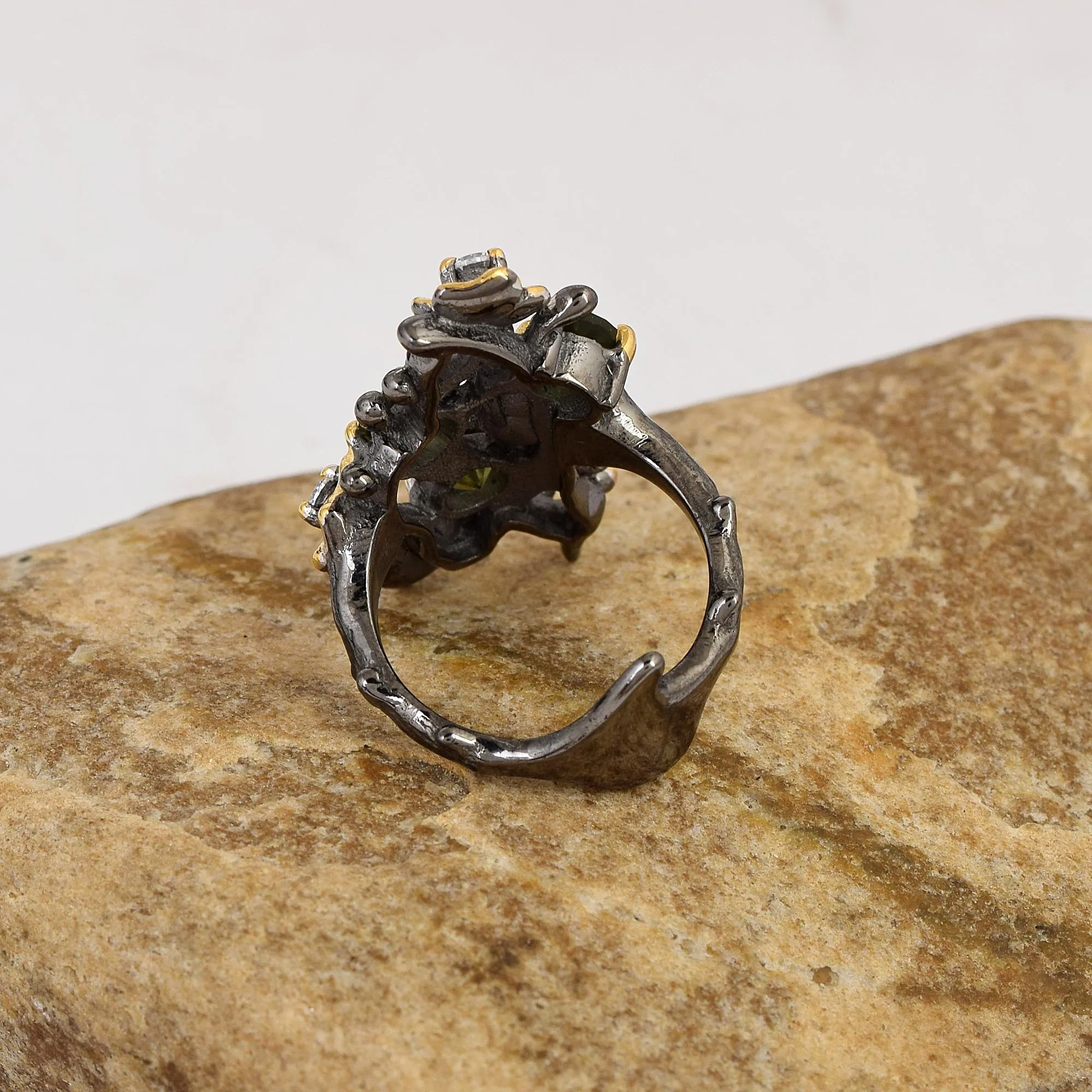 925 Sterling Silver Black Rhodium Gold Plated Tree Branch Moldavite Gemstone Cocktail Ring Cubic Zirconia Stone Fine Jewelry