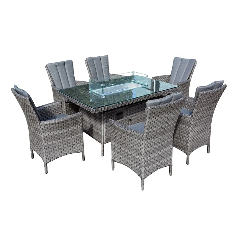 Rattan Outdoor Garden Furniture Fire Pit Furniture Set 6 Seat Dining Set With Rectangular Fire Ppit Table And Chairs