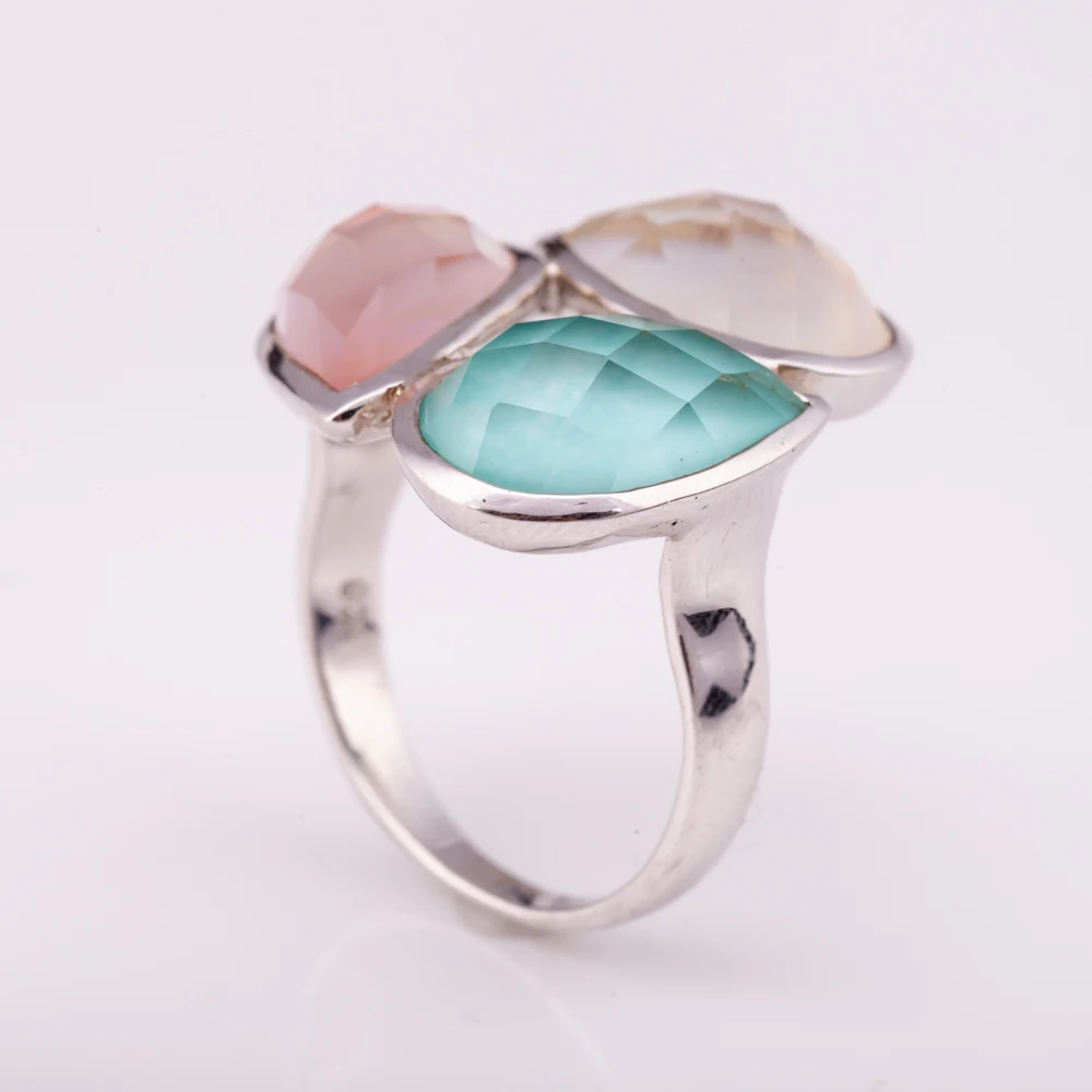 Silver 925 Natural Gemstones Ring with Turquoise  and Mother of Pearl High Quality Factory Price from Thailand