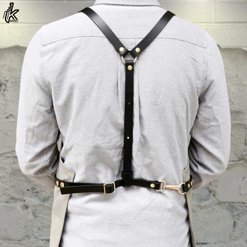 Custom LOGO Cafe Workwear Sling Apron Fashion Denim Canvas Leather Apron