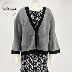 Women Elegant Ribbed Hem Gray Tweed Coat Ladies Vintage Button Placket Jagged Jacket Outerwear with Pocket