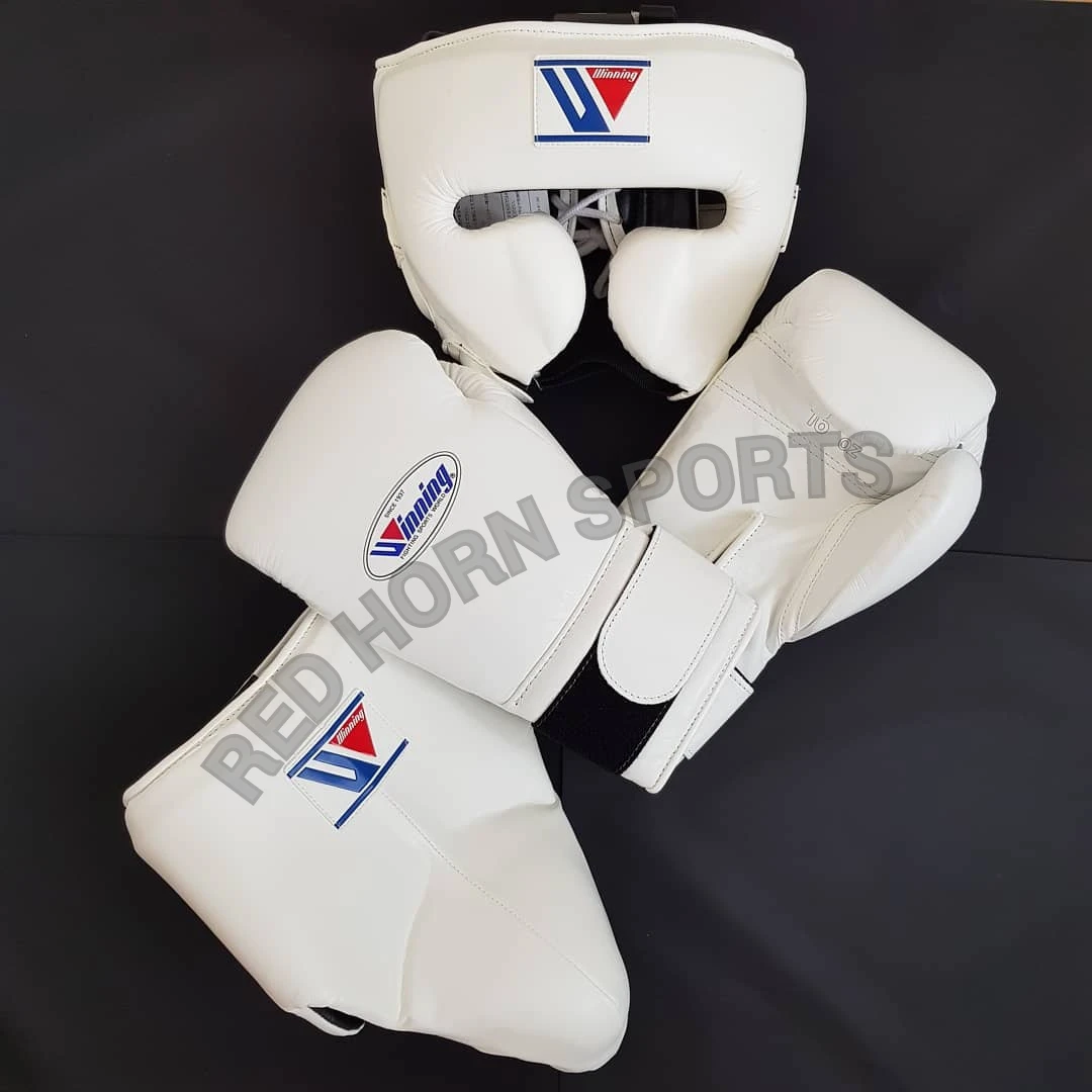 Winning 100% Original Leather Boxing gloves Head Guard and groin guard set, Custom Name and Logo boxing set