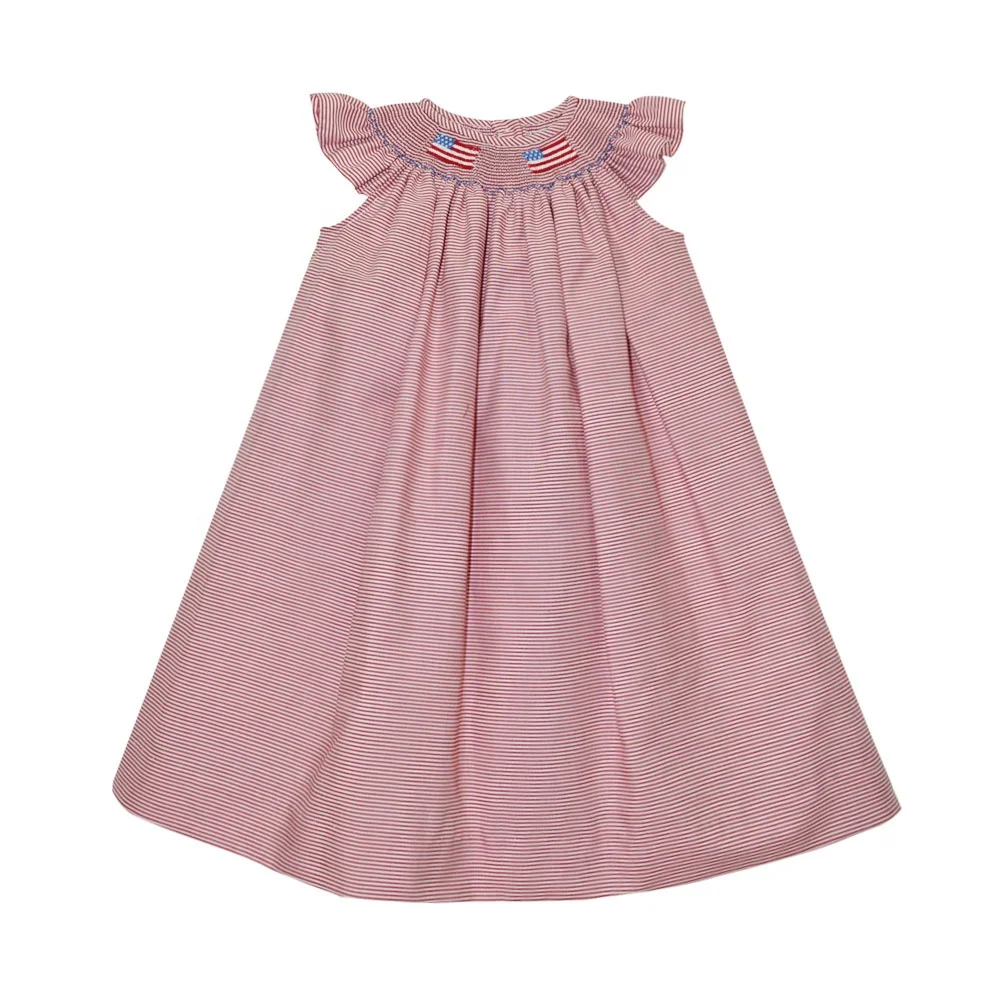 4th of July American Flag Print Dress for Children Smocked Red Stripe Cotton O-Neck Patriotic Summer Outfit for 6 7 9 Year Olds