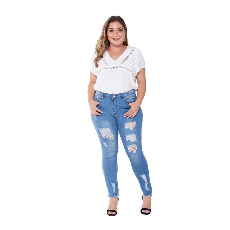 Womens Oversized Fashion High Stretch Holes Jeans Skinny Denim Trousers
