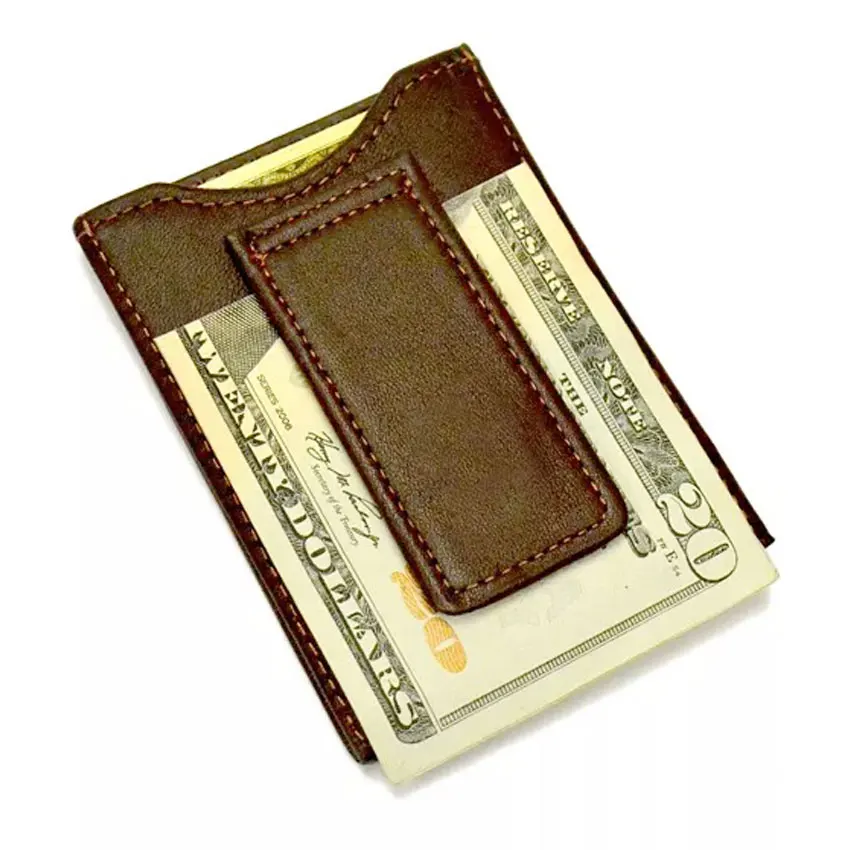 Мужской тонкий кожаный кошелек с зажимом для денег и логотипом производителя