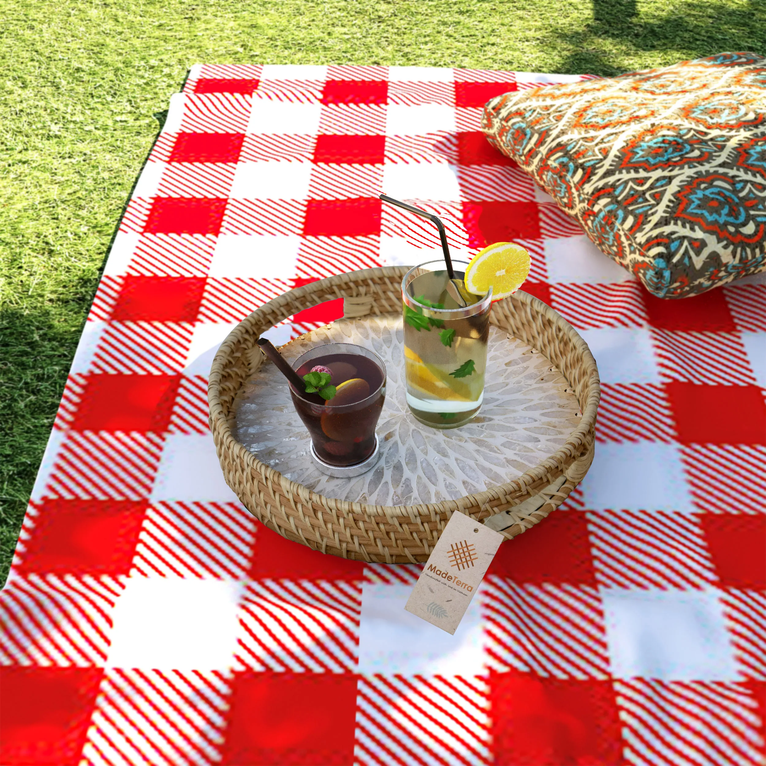 Set Of 2 Mother Of Pearl Inlay with Rattan Serving Tray for Breakfast, Snacks and Fruits - Rattan Tray Handmade Bone Inlay Tray