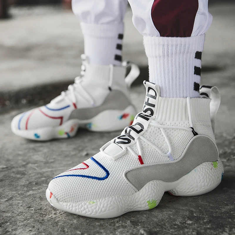 2023 Factory Wholesale Big size 35-47 Fashion Trendy Men Walking Shoes High Top Lace-up Socks Casual  Shoes Men Sneakers