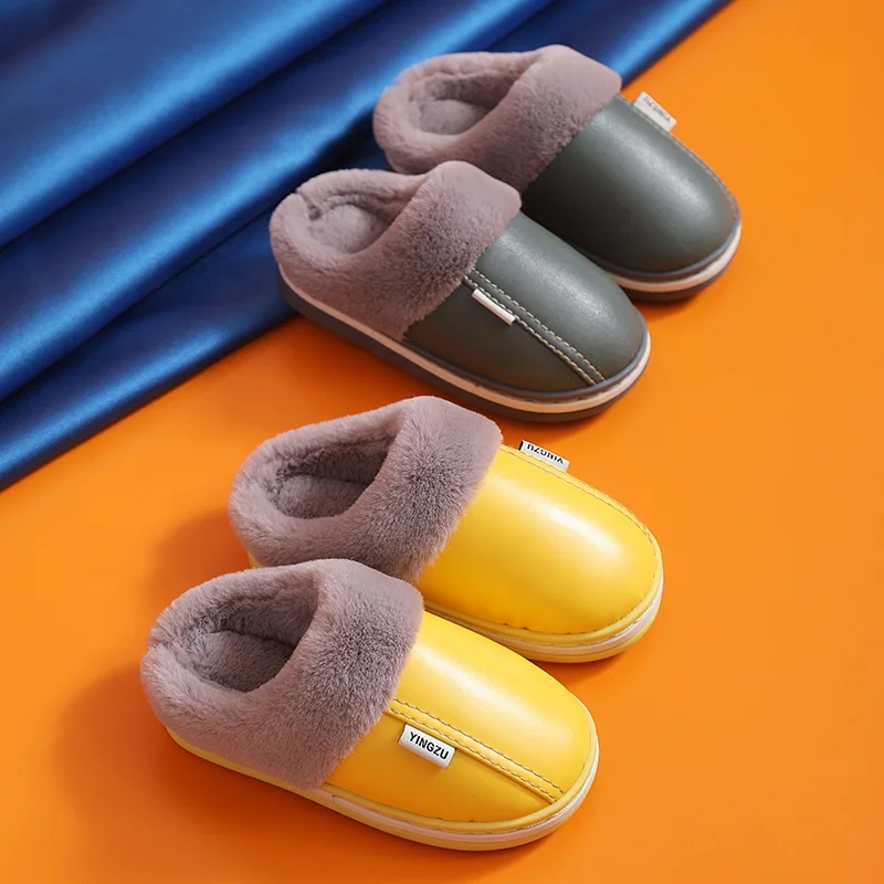 2021 Hot-Selling Pu Leather Warm Fashion Waterproof  Dirt-Resistant Home Indoor Cotton Slippers For Children