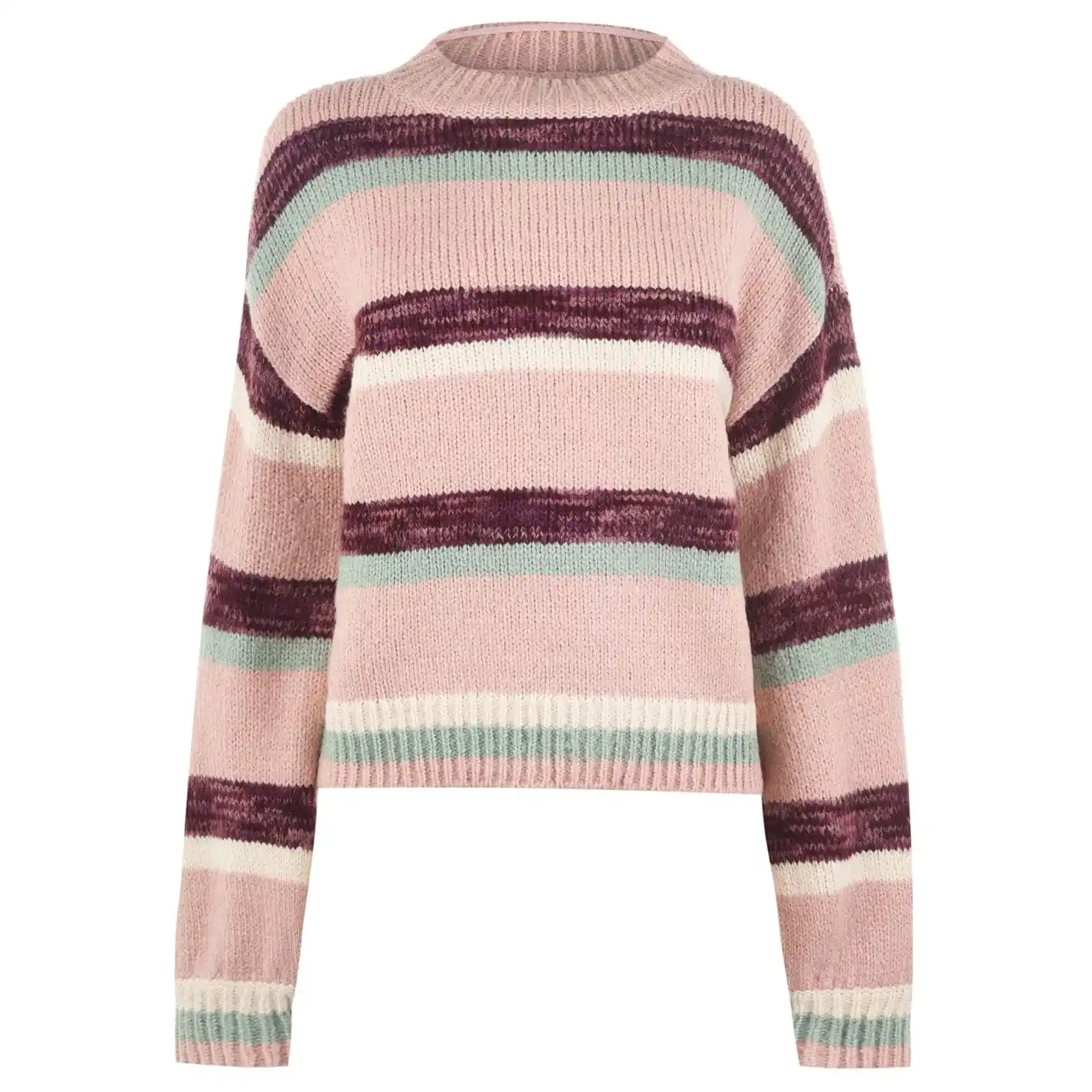 Women Sweater Multi-colour pink striped Long Sleeve Jumper Knitted Ribbed  Jumper Crew neck Winter thick acrylic polyester Oem