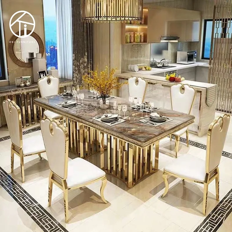 home furniture rectangular marble and gold double base luxury exclusive villa famous design 8 seater  Italian dining table
