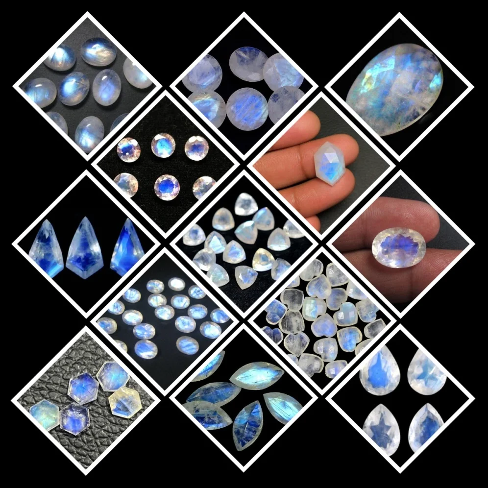 Moon Shape Carving Work Natural Rainbow Moonstone Loose Gemstone