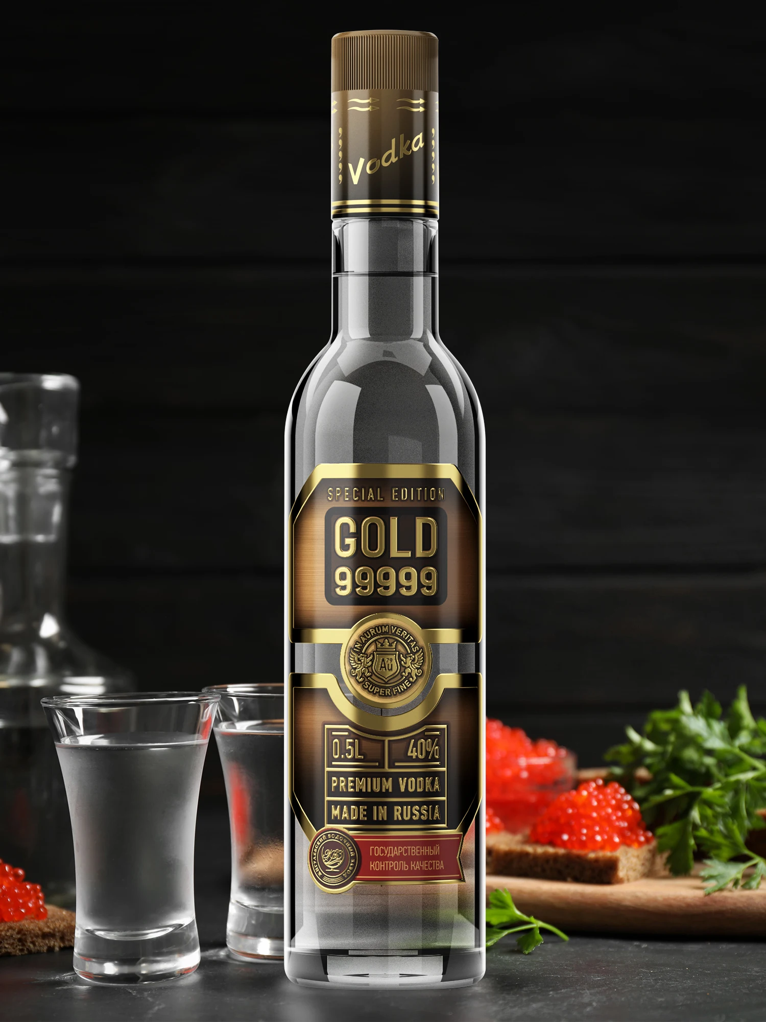 Стеклянная бутылка для спирта высокой чистоты класса «Люкс» (40% alc.) Водка с золотым корнем, 100 мл, 99999 золото