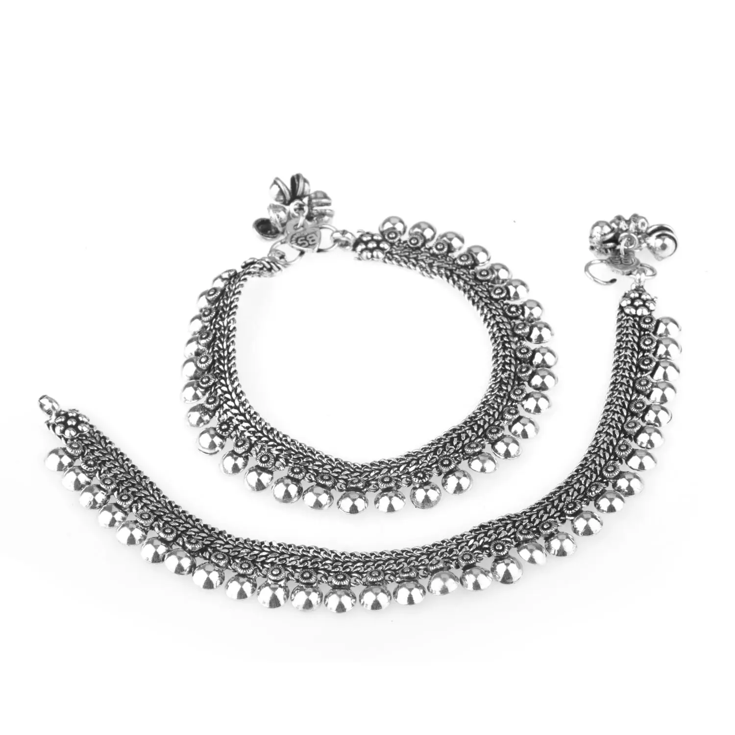 Boho Vintage Antique Ethnic Gypsy Tribal Indian Oxidized Silver Anklet Pair (2 pc) Bracelet Foot Jewelry