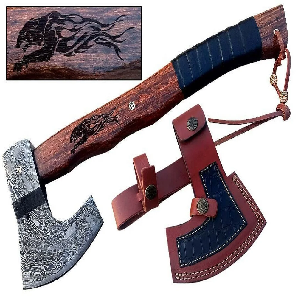 
Custom Handmade Damascus Steel Viking Style Axe Camping Axe High Quality Tactical Axe Hatches With leather sheath 