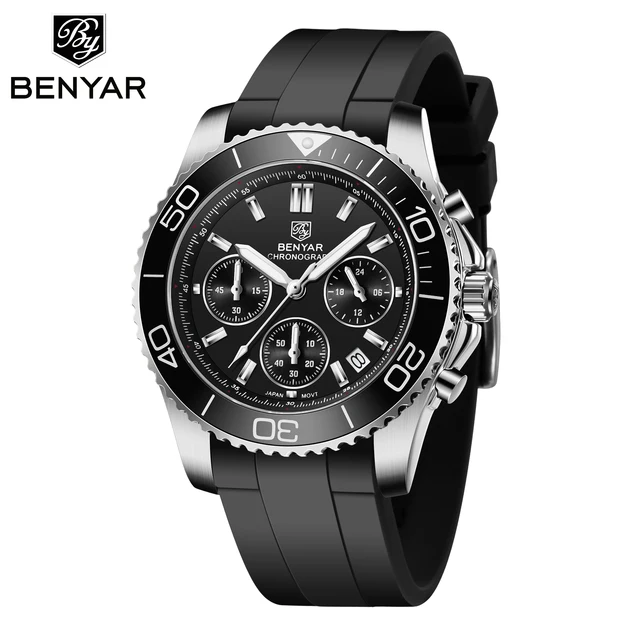 Часы BENYAR S002 мужские с японским механизмом многофункциональные водонепроницаемые стальные светящиеся хронографом и календарем VD53