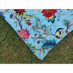 Sky Blue Beautiful Home Decorative Floral Hand Block Print Indian Wholesale Kantha Bedspread Handmade Cotton Kantha Quilt