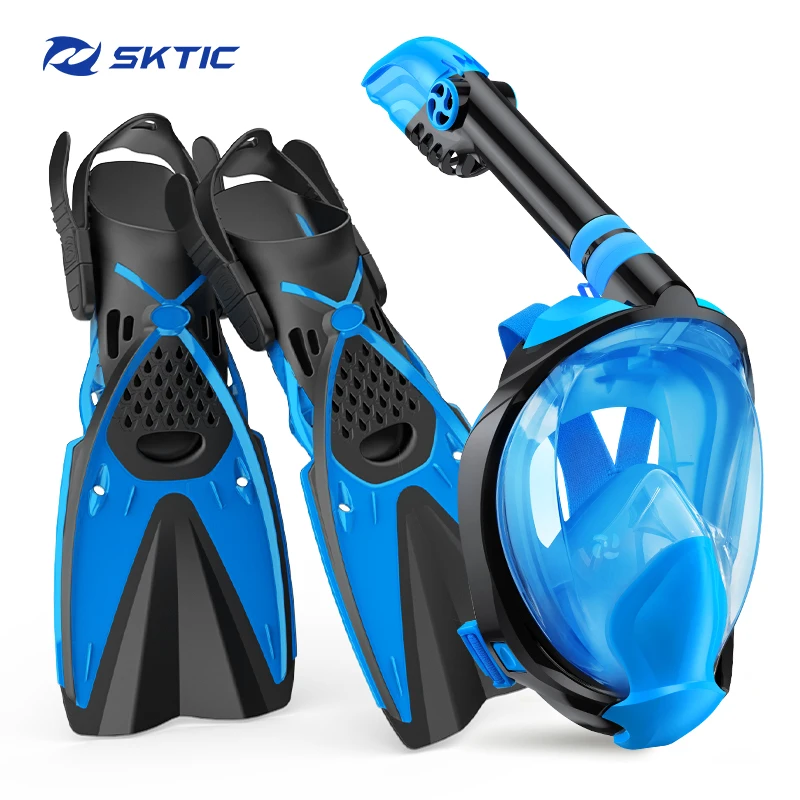 SKTIC Breathing face shield For Adult Kids 180 Degree View Diving Snorkeling full face Snorkel Set TPR PP swimming fins