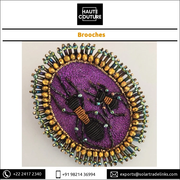 Manufacturer & Exporter of Handmade Metallic Bullion Thread Embroidered Miyuki Beads Made Ants Brooch