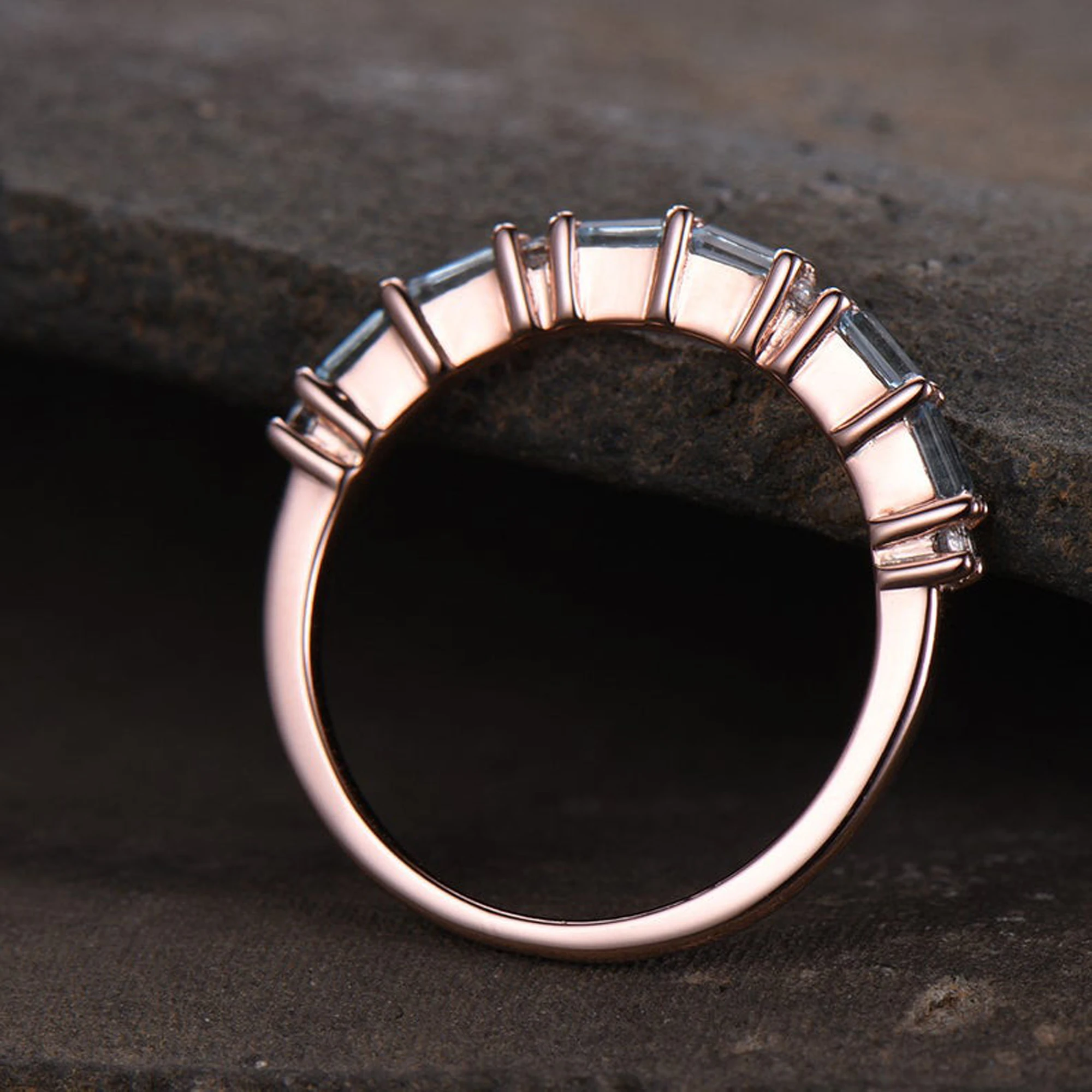 Topaz Wedding Ring Baguette Cut Blue CZ Stacking Band Rose Gold Plated Sterling Silver Anniversary