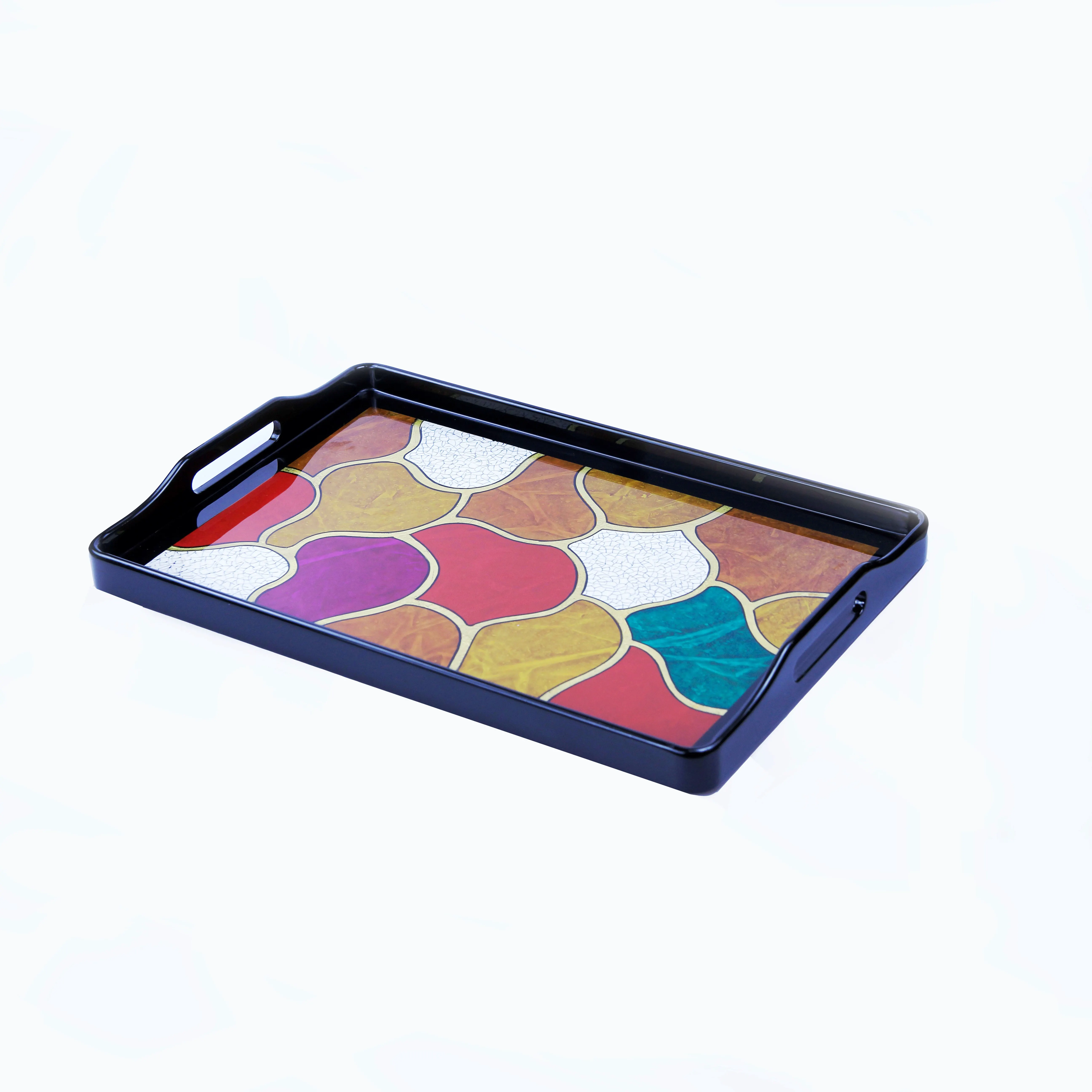 
Viet Nam Hot Sale In Bulk Handmade Premium Quality Rock Design Painted Gold Leaf Home Decoration Wooden Lacquer Serving Tray 