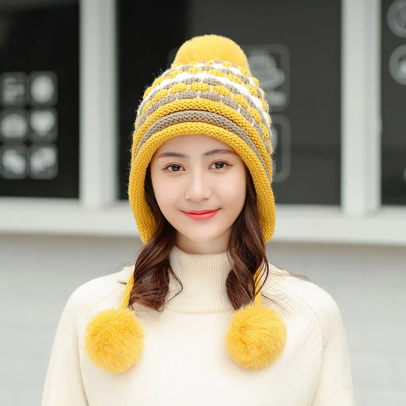 
Ladies 3 ball ear cap adult matching HAT knit cap 