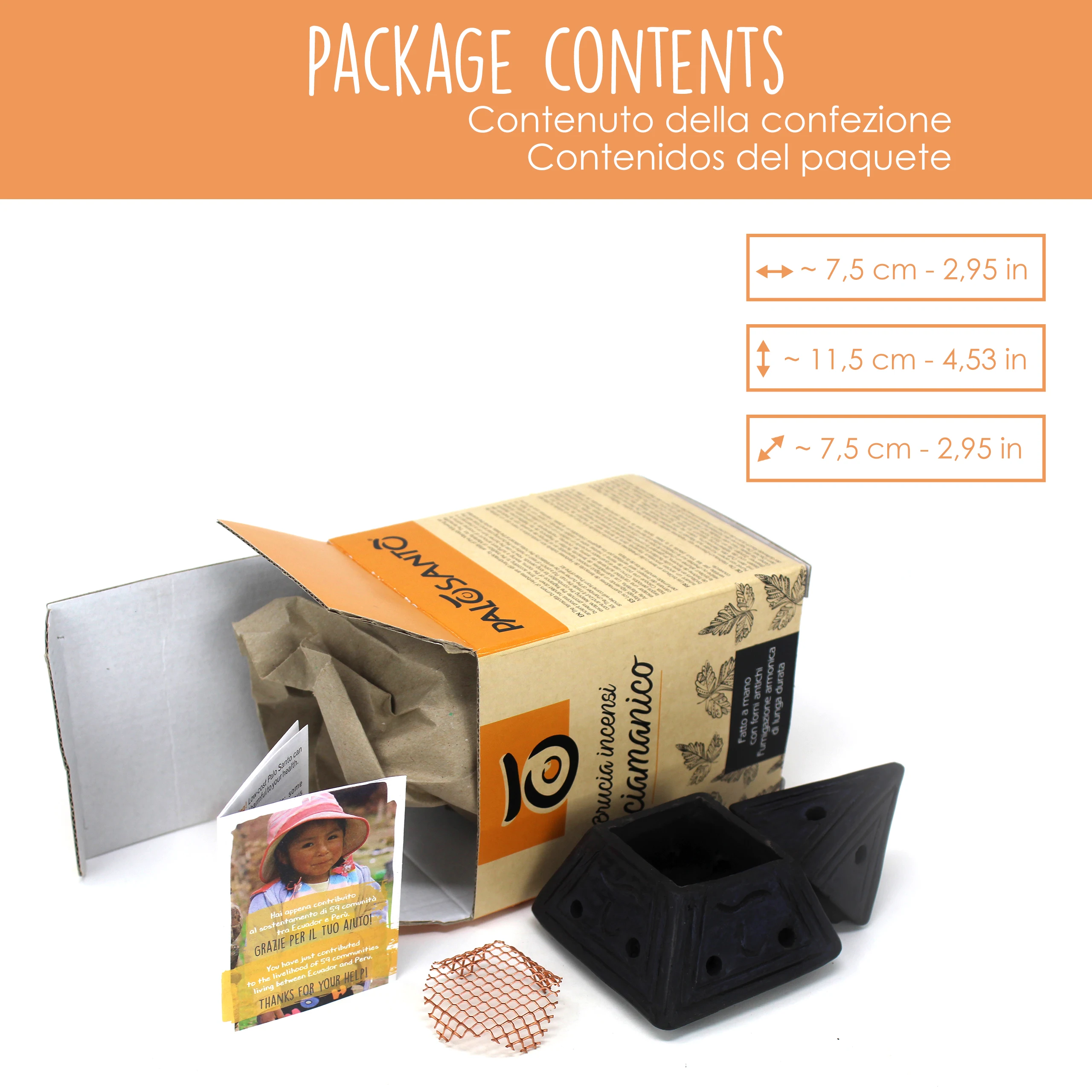 PALOSANTO Incense Burner - Suitable for Cones, Chips, Powder and Resins - Handmade in Ecuador -  Black Pyramid