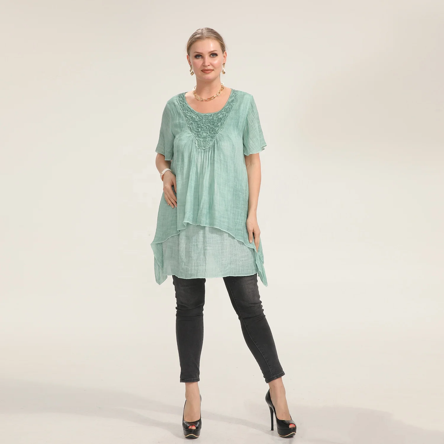 Simple Design Bow Tie Collar Yellow Color Half Sleeve Casual Dress Double Layers Wholesale Fashion Clothing