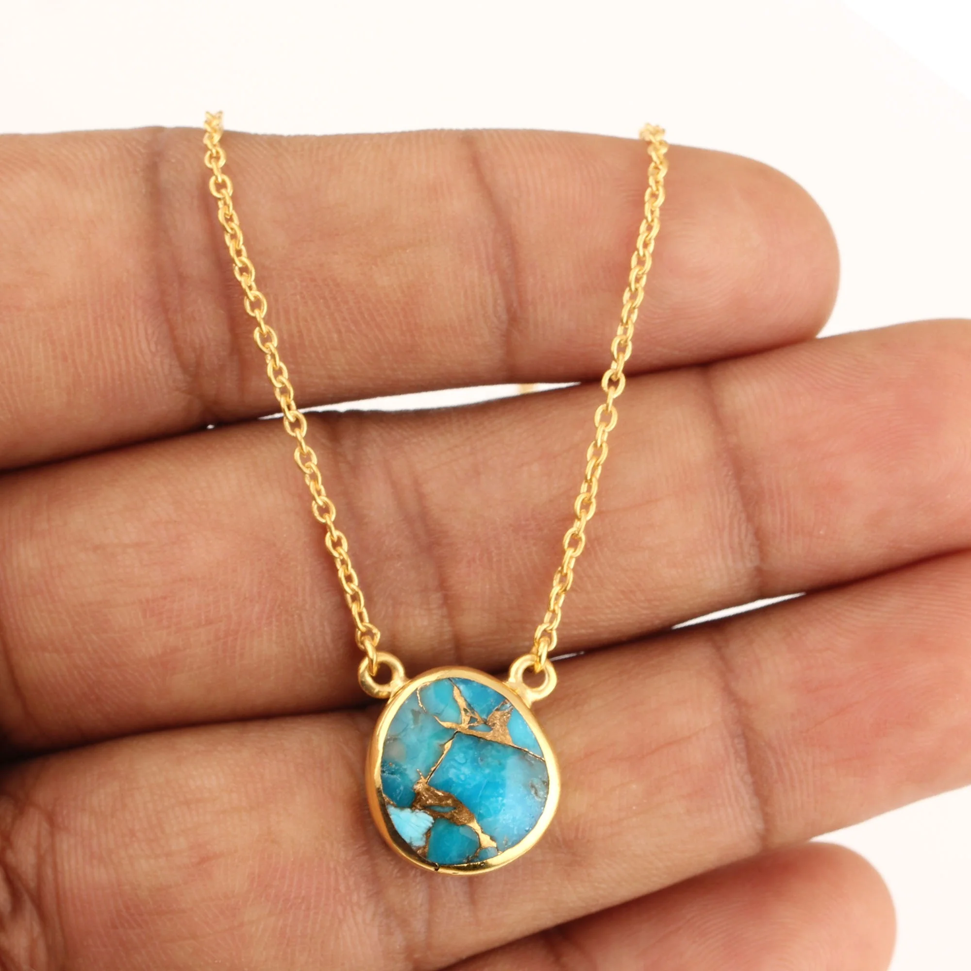 2023 Export Quality Blue Color Turquoise Copper Lightweight 925 Sterling Silver Women Gold Plated Jewelry Fine Jewelry Necklace