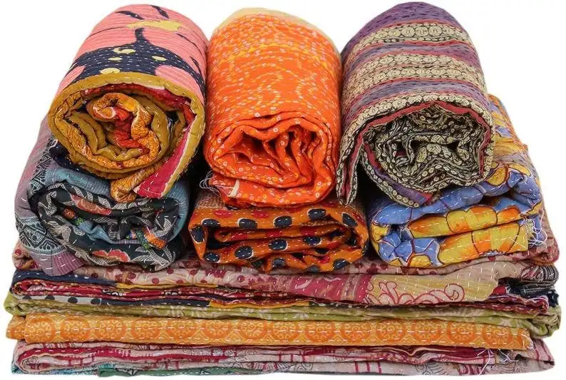 wholesale lot of indian vintage kantha quilt handmade throw reversible blanket bedspread cotton fabric bohemian quilt