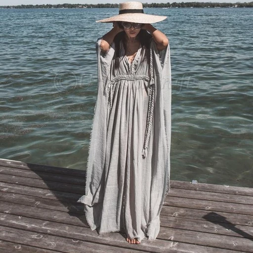 New Boho Kaftan Wide Neckline Beach Party Casual Dress Cheap Elegant Beach Dresses Long Dress With Adjustable Braided Belt Bulk