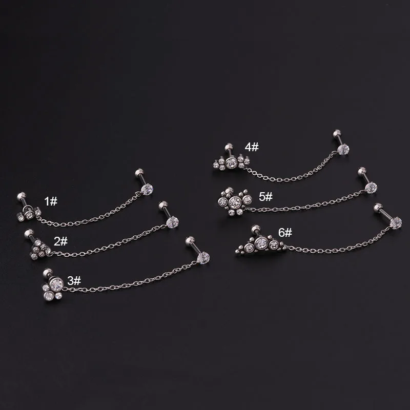 16G Stainless Steel Jewelry Wholesale Gold Cubic Zirconia Dangle Double Piercing Tassel Chain Stud Earrings