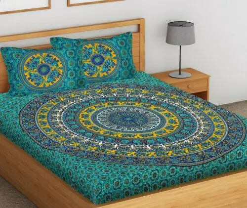 Indian Elephant Mandala Cotton Double Size Jaipuri Bed Sheet with 2 Pillow Covers High Classical Finishing Handmade Bed Sheet